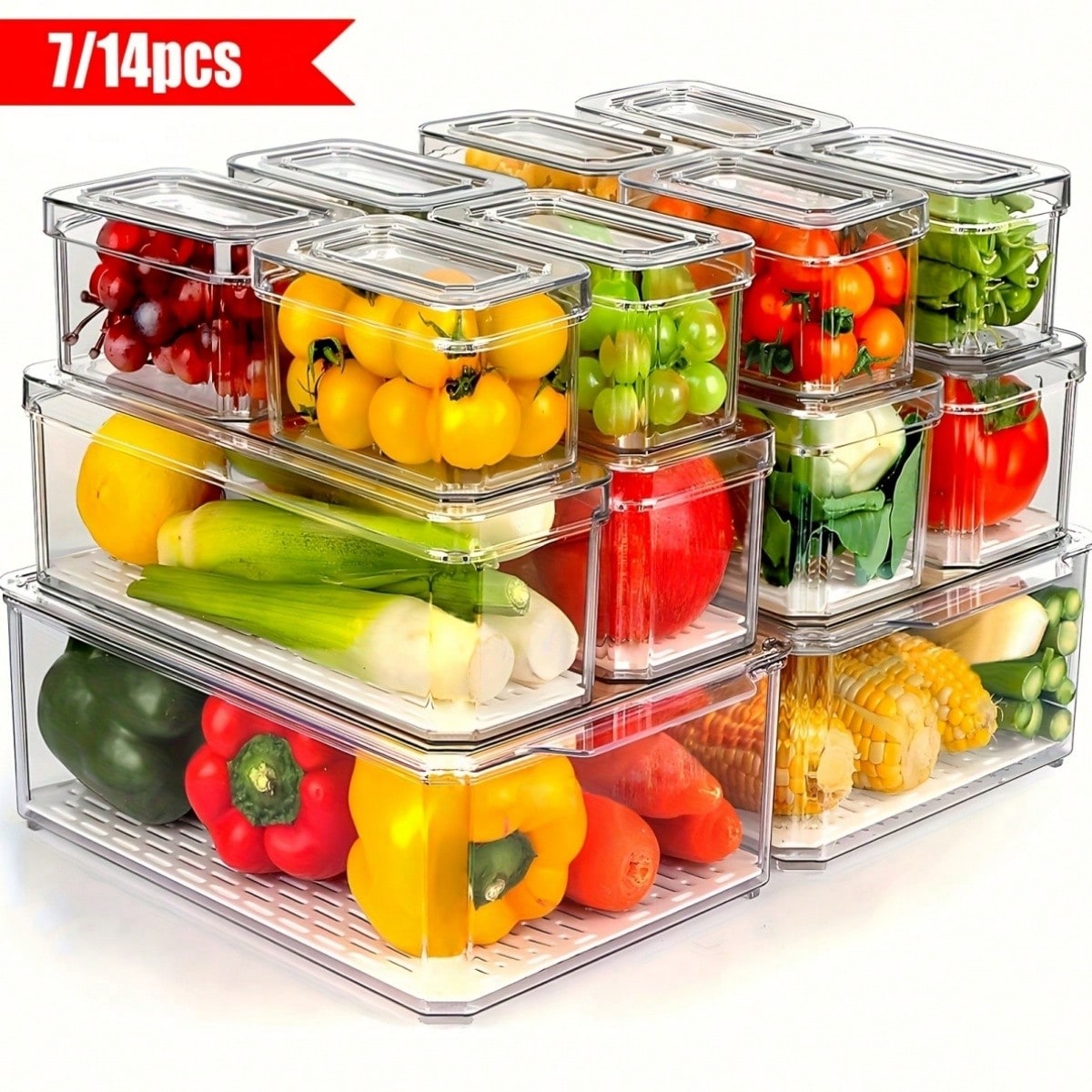 Food Storage Kitchen Cabinet - 7/14 Pack Stackable Fridge Organizer Bins